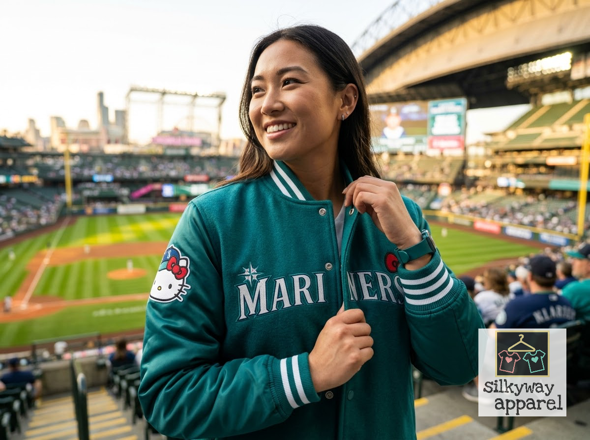 Hello Kitty Night Seattle Mariners Baseball Varsity Jacket 2026 Giveaway 3 Front and back view of a teal Seattle Mariners varsity jacket with Hello Kitty branding.