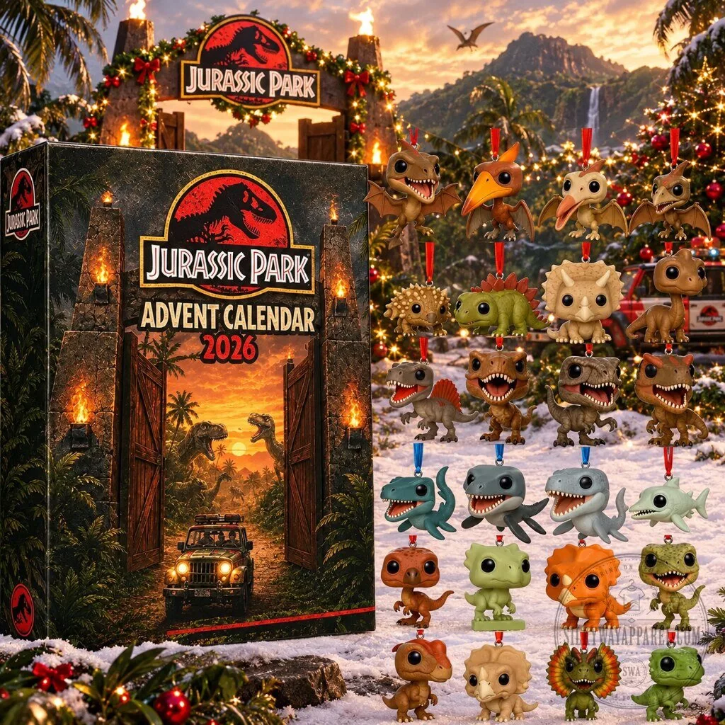 Jurassic Park Advent Calendar 2026 Dinosaur Collectible Figures 3 Jurassic Park advent calendar 2026 with 24 dinosaur collectible figures in varied colors with red hanging ribbons for ornament display