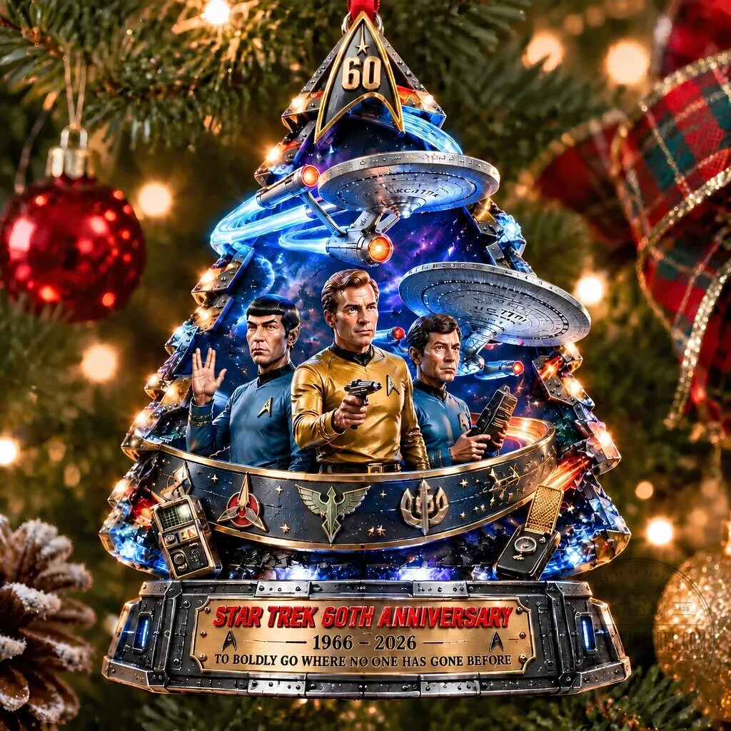 Star Trek 60th Anniversary Ornament 1966-2026 Collectible Light-Up Decoration 1 Star Trek 60th anniversary ornament with LED lights, USS Enterprise starship, Kirk Spock and McCoy figures in Starfleet uniforms, 1966-2026 commemorative