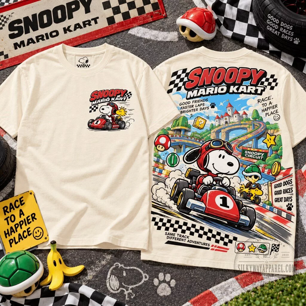 Snoopy Mario Kart Graphic T-Shirt 14 Snoopy Mario Kart racing t-shirt with full-color graphic print front and back design
