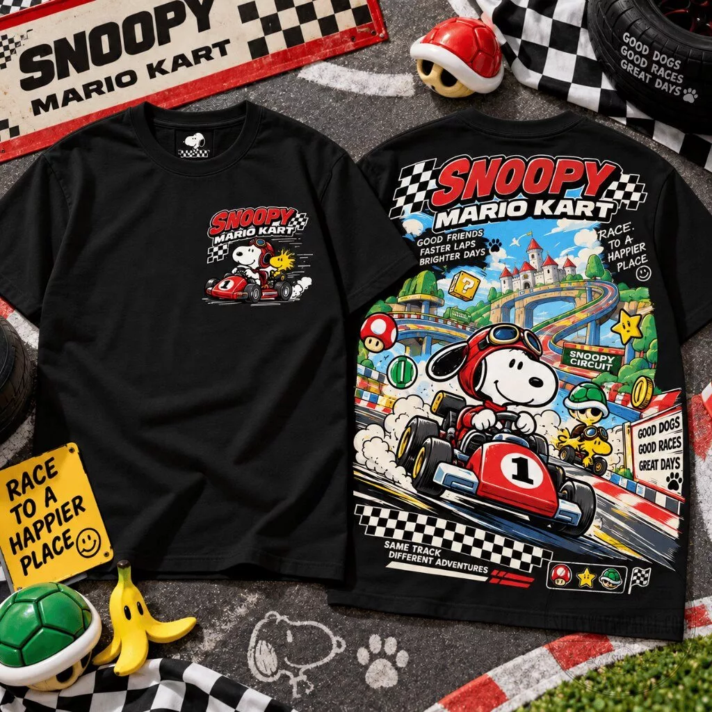 Snoopy Mario Kart Graphic T-Shirt 16 Snoopy Mario Kart racing t-shirt with full-color graphic print front and back design