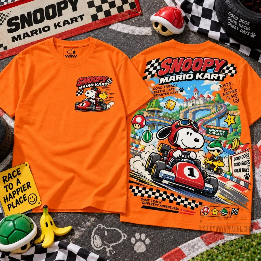 Snoopy Mario Kart Graphic T-Shirt 18 Snoopy Mario Kart racing t-shirt with full-color graphic print front and back design