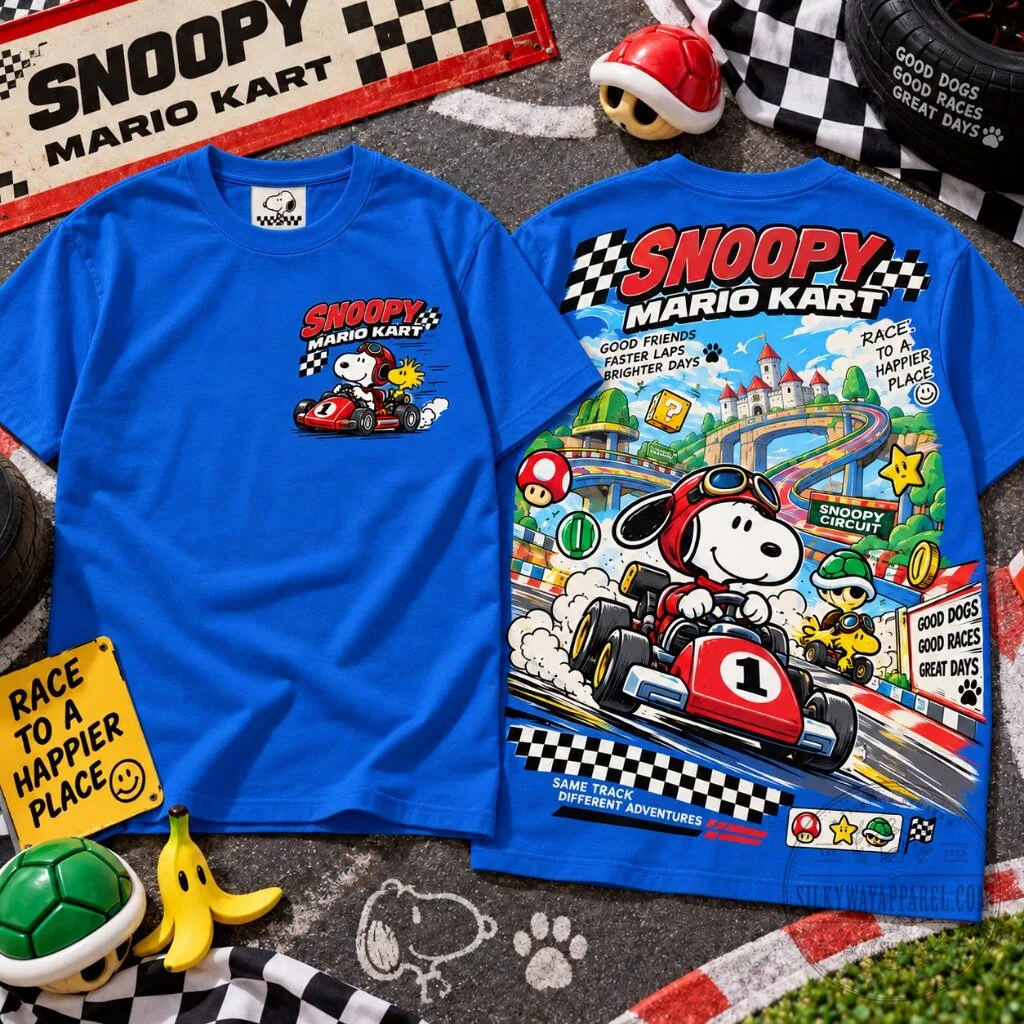 Snoopy Mario Kart Graphic T-Shirt 19 Snoopy Mario Kart racing t-shirt with full-color graphic print front and back design