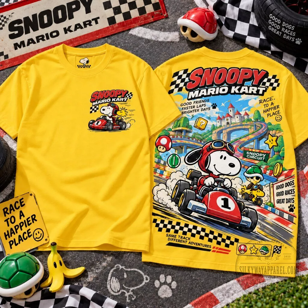Snoopy Mario Kart Graphic T-Shirt 20 Snoopy Mario Kart racing t-shirt with full-color graphic print front and back design