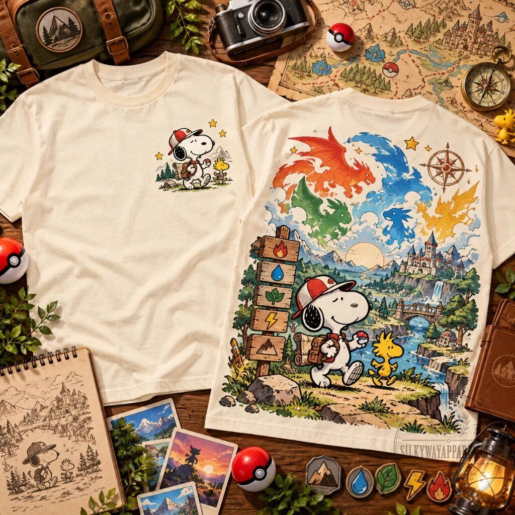 Snoopy Dragons Fantasy Graphic T-Shirt 18 Snoopy dragons fantasy t-shirt with elemental creatures and castle landscape graphic print