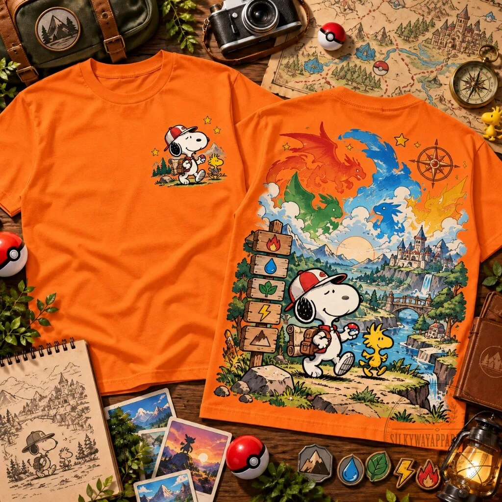 Snoopy Dragons Fantasy Graphic T-Shirt 20 Snoopy dragons fantasy t-shirt with elemental creatures and castle landscape graphic print