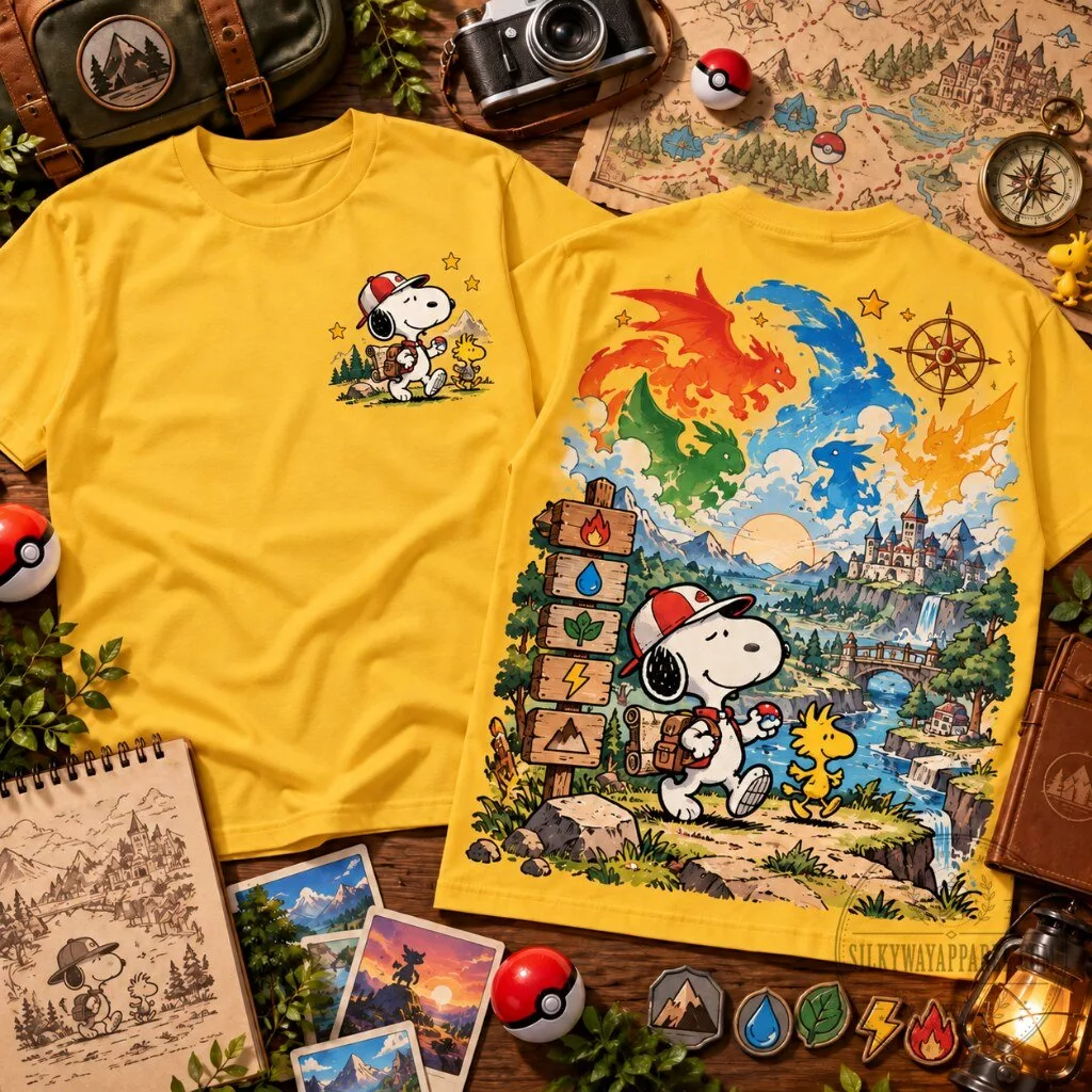 Snoopy Dragons Fantasy Graphic T-Shirt 21 Snoopy dragons fantasy t-shirt with elemental creatures and castle landscape graphic print