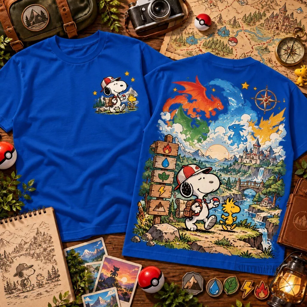 Snoopy Dragons Fantasy Graphic T-Shirt 22 Snoopy dragons fantasy t-shirt with elemental creatures and castle landscape graphic print