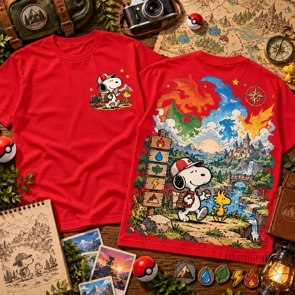 Snoopy Dragons Fantasy Graphic T-Shirt 23 Snoopy dragons fantasy t-shirt with elemental creatures and castle landscape graphic print