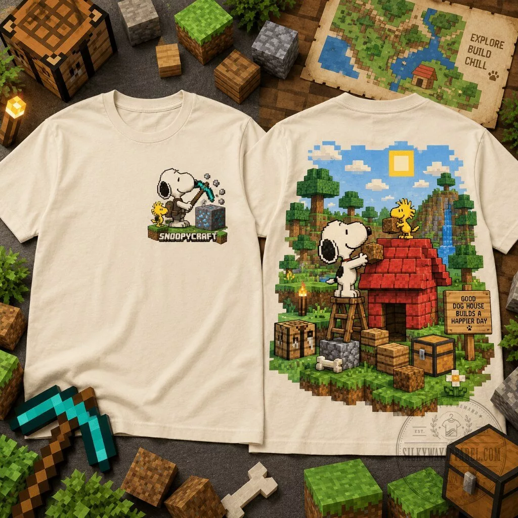 Snoopy Minecraft Graphic T-Shirt 11 Snoopy Minecraft graphic t-shirt with pixel art dog house landscape and building scene