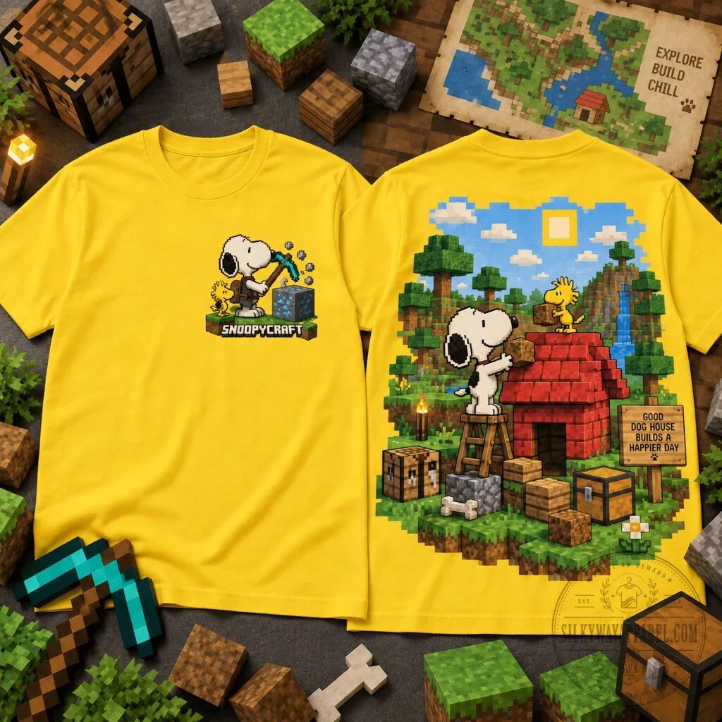 Snoopy Minecraft Graphic T-Shirt 13 Snoopy Minecraft graphic t-shirt with pixel art dog house landscape and building scene