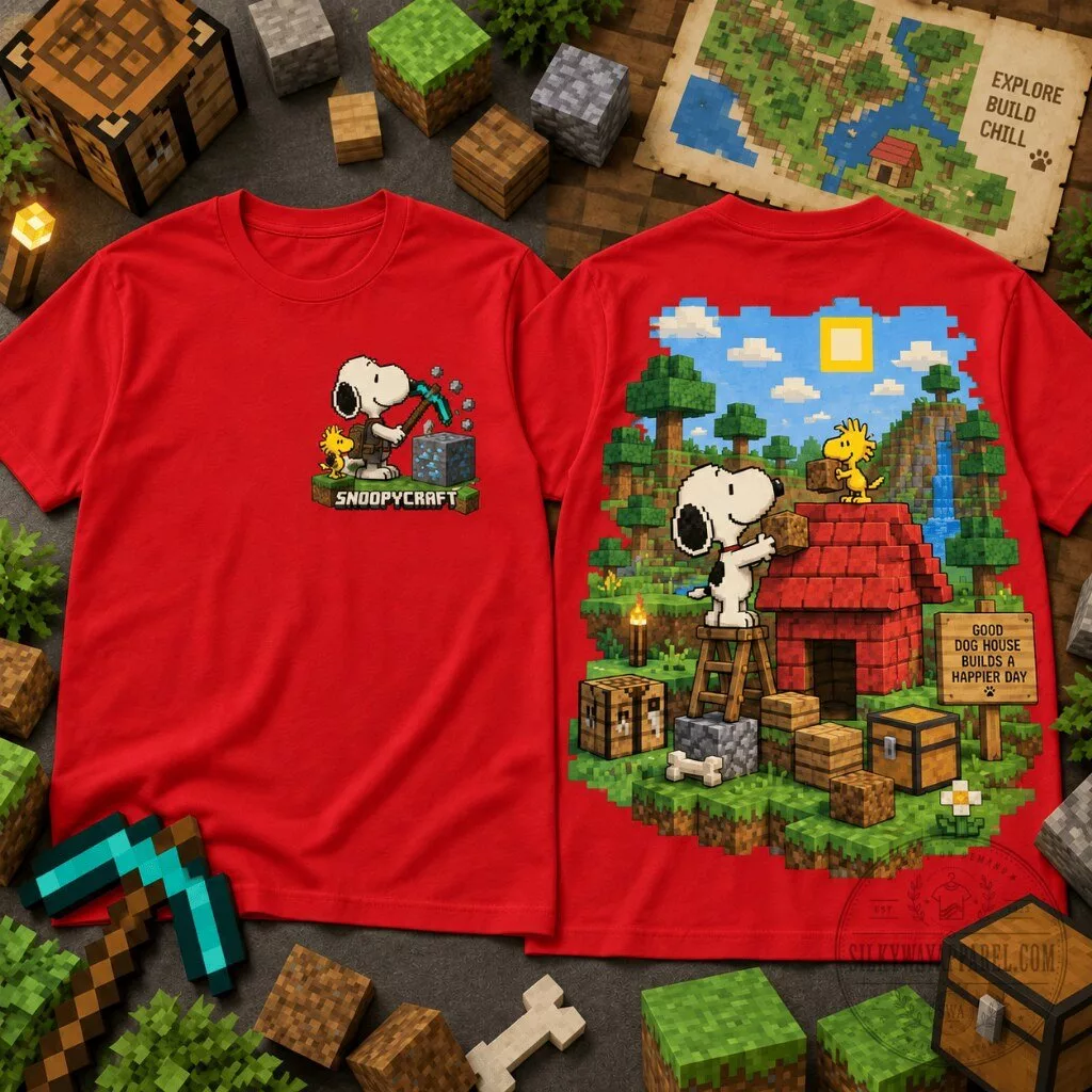 Snoopy Minecraft Graphic T-Shirt 16 Snoopy Minecraft graphic t-shirt with pixel art dog house landscape and building scene