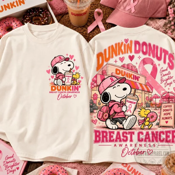 Snoopy Dunkin Donuts Breast Cancer Awareness Graphic T-Shirt
